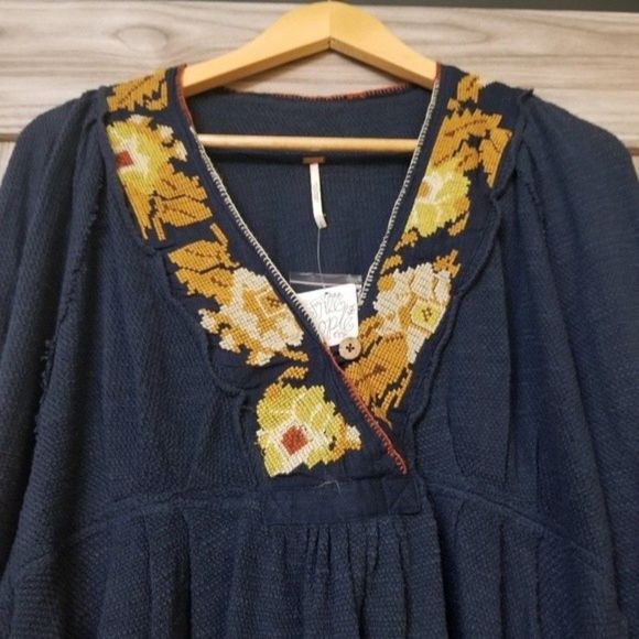 New Free People Rose Red Linen Blend Embroidered Blue - Picture 7 of 16